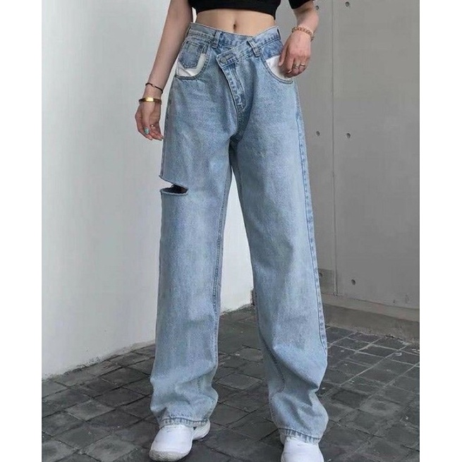 Celana Jeans Wanita Korean Baggy Highwaist Lisa Blackpink Pinggang Miring