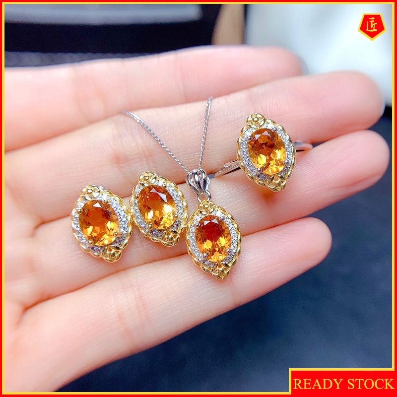 [Ready Stock]Boutique Natural Citrine Set Rings Stud Earrings