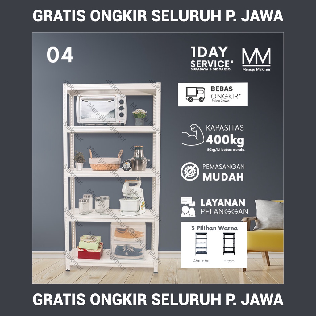 Mystar Rak Besi Tanpa Baut Boltless Serbaguna 5 susun alas Besi 90x35x180 cm (04)