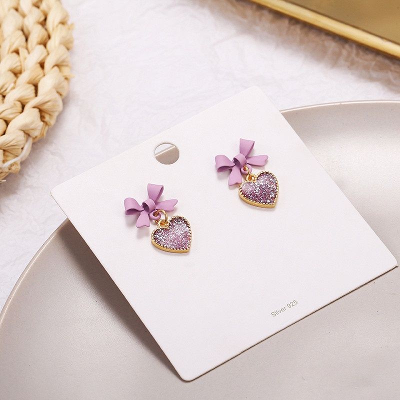 FerenHongXia Anting Pita S925 Perak Jarum Korea Temperamen Anting Sederhana Ungu Busur Anting Hati Kecil