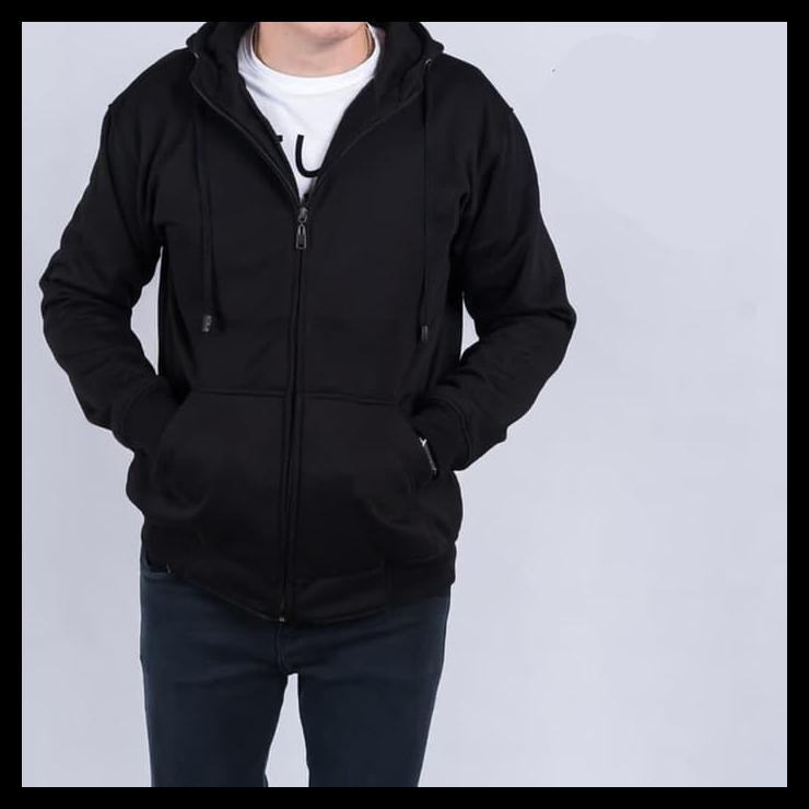 Hoodie Jaket Resleting Polos Pria Hitam Bahan Top