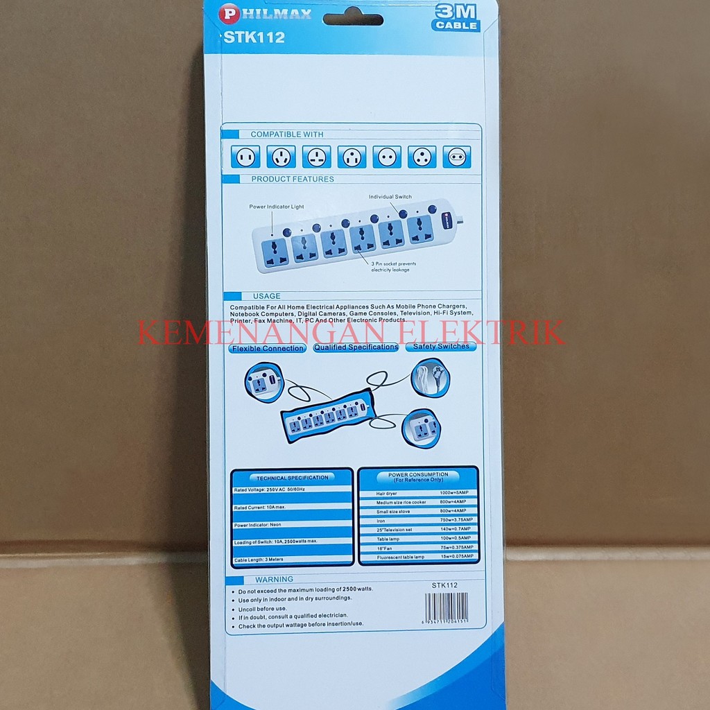 PHILMAX STOP KONTAK 6 LUBANG / COLOKAN KABEL 6 SOCKET + SWITCH / SAKLAR KABEL 3M STOPKONTAK 3 METER / COLOKAN LAMPU MASING MASING SWITCH 6 LOBANG 3METER