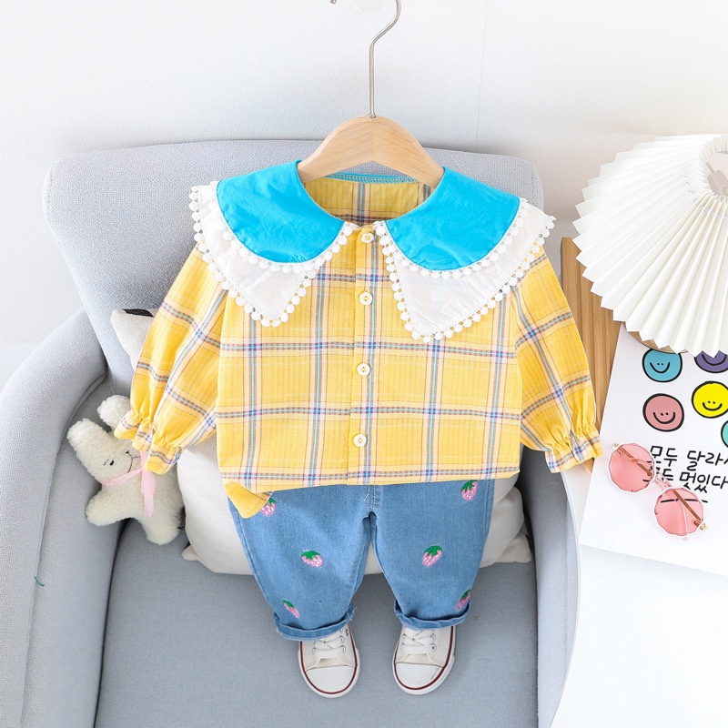 Baju Anak Perempuan EMA Set Kemeja dan Celana Jeans Fashion Anak Korean Style Import 2in1