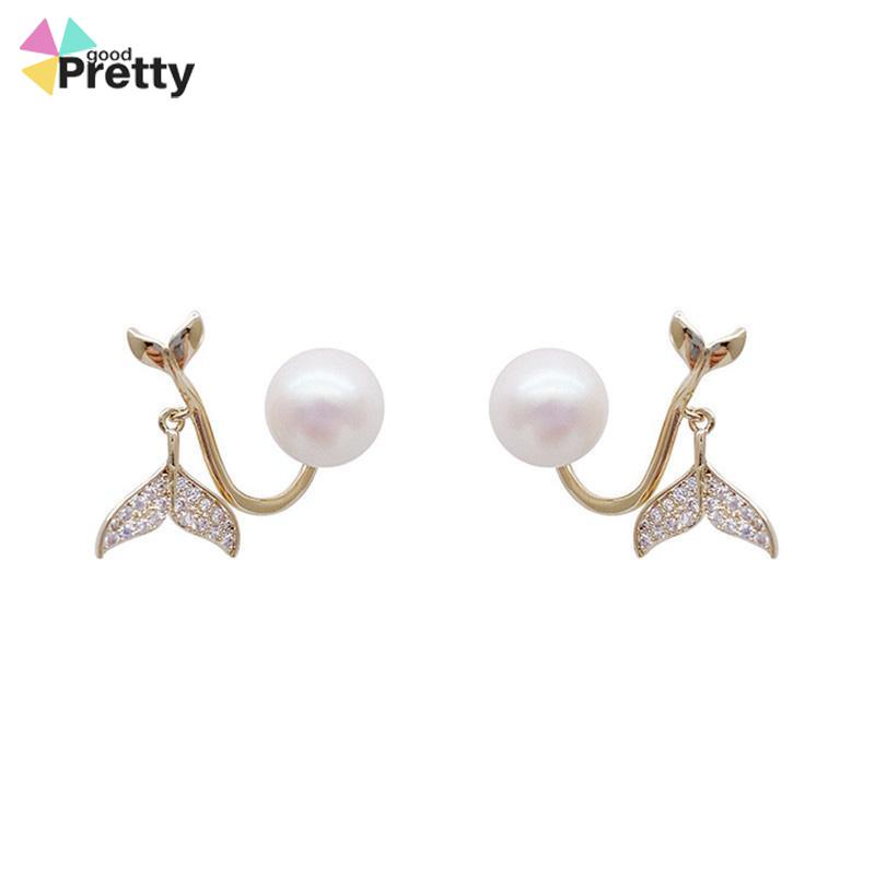 Pearl Fishtail Back Hanging Earrings Wanita High-end Cahaya Mewah Penuh Berlian Anting Geometris - PD