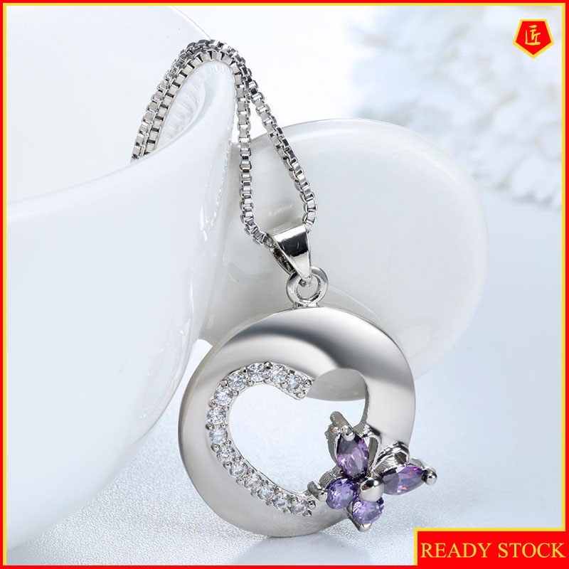 [Ready Stock]Bow Heart-Shaped Pendant European and American Fashion Inlaid Amethyst Necklace