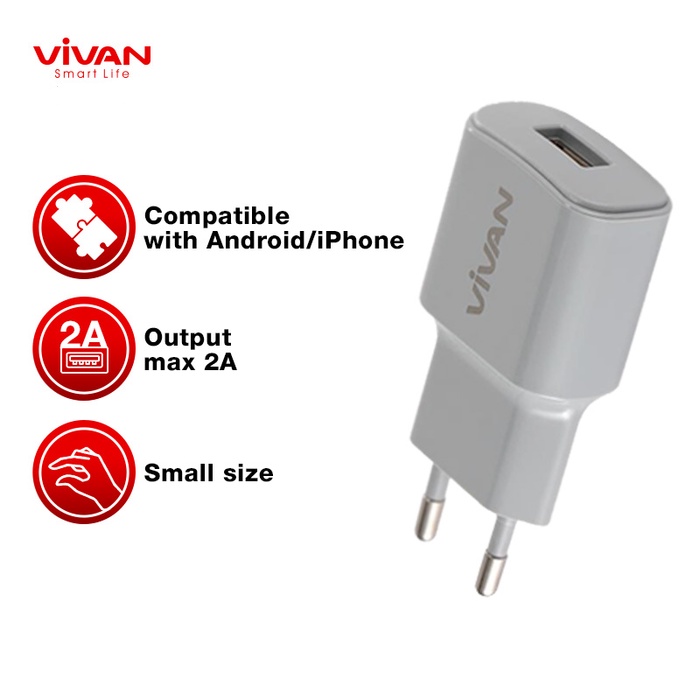 Charger VIVAN Power Oval 2A Single USB Output Abu Abu