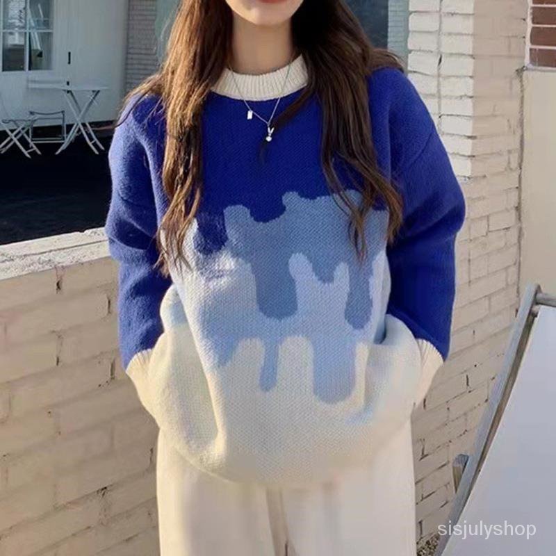 #Sisjuly# Wanita Baru Kasual Gradien Colorblock Knit Crew Neck Sweater Pullover Lengan Panjang