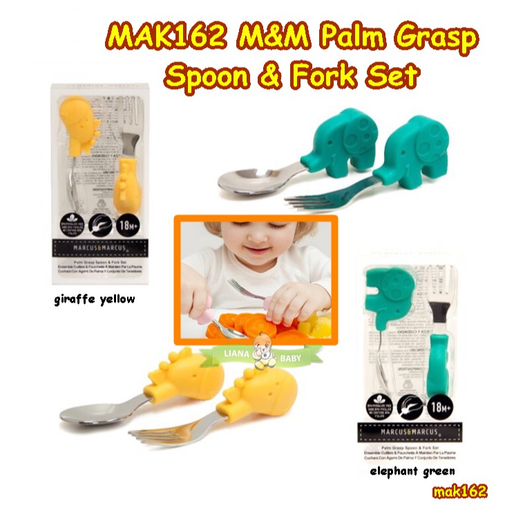 MAK162 M&amp;M MARCUS AND MARCUS PALM GRASP SPOON &amp; FORK SET - SENDOK GARPU STAINLESS BAYI 18m+(18116)