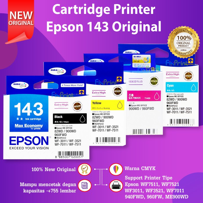 Epson 143 T143 Cartridge Tinta Original Printer WF-7511 WF7011 WF-3521 WF7511 WF3521 ME-900WD 960FWD