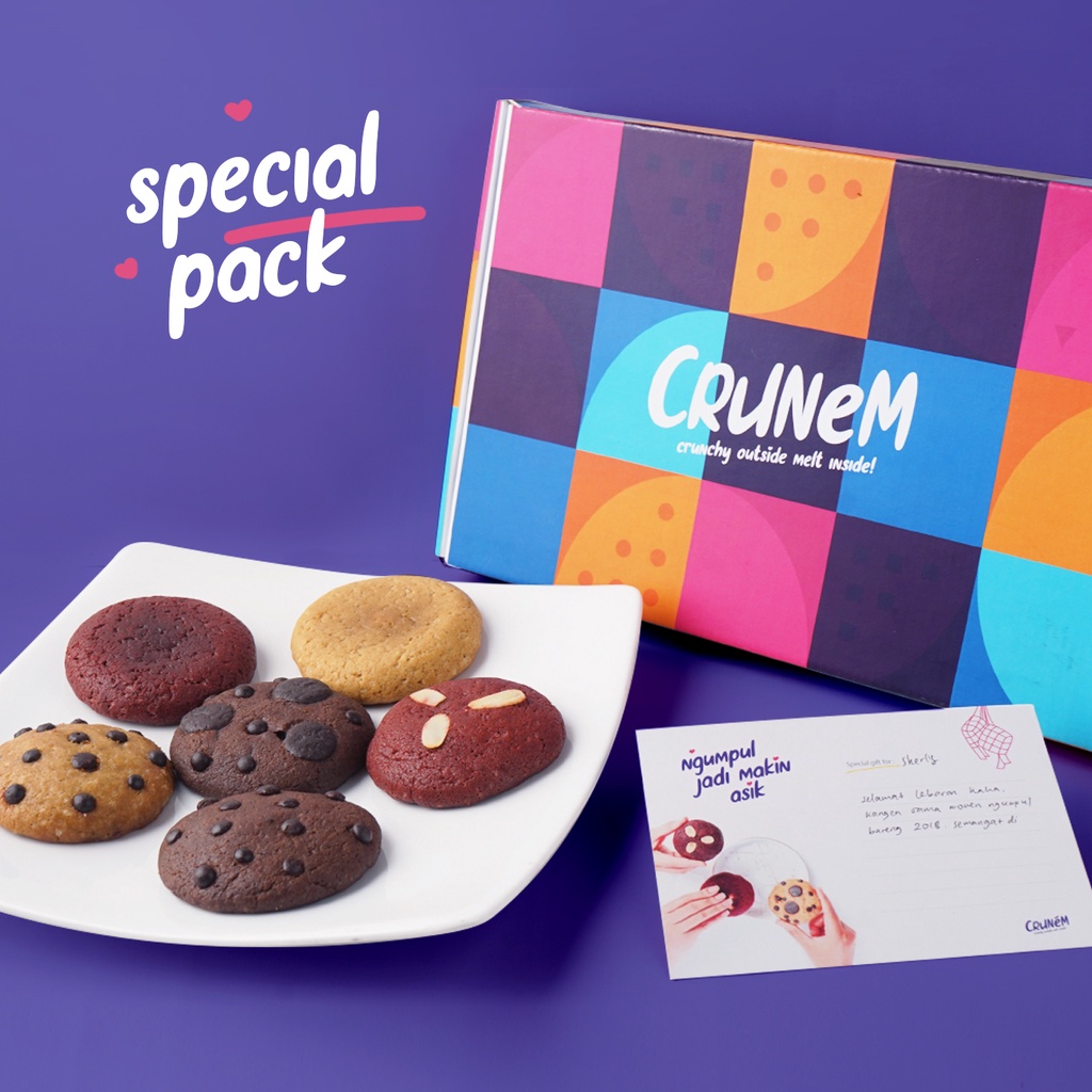 

Crunem Premium Soft Cookies SPECIAL PACK (ISI 6) MIX COOKIES & ISIAN FAVORITMU ! Cemilan & Hadiah ulang tahun | Hadiah wisuda | Kado spesial (makanan ringan premium isi coklat, red velvet, cream cheese, & matcha)