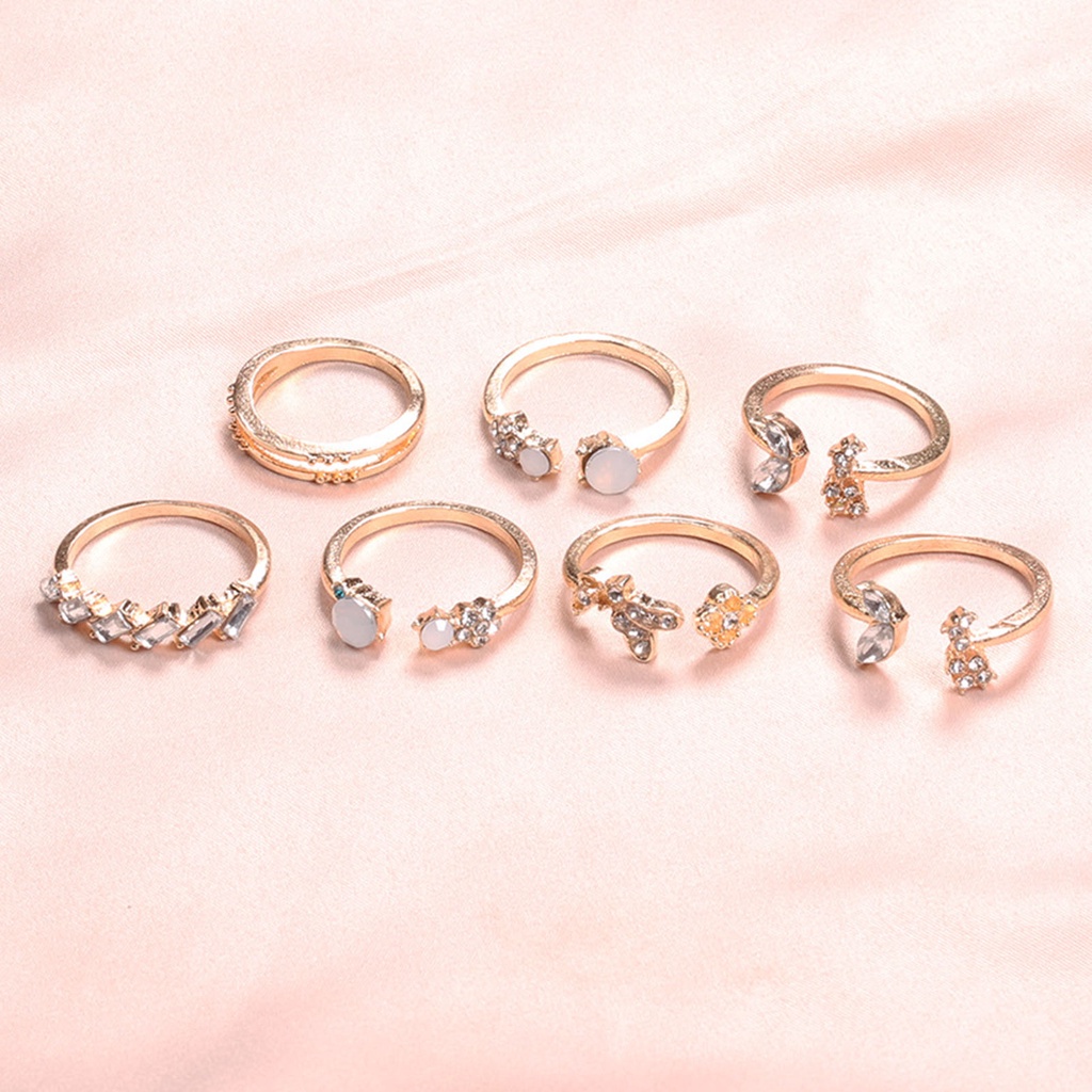 Hu Hu Hu Hu Hu Alat Bantu Pasang Kacamata♡ 7pcs Cincin Knuckle Desain Bunga Butterfly Aksen Berlian Imitasi Untuk Wanita