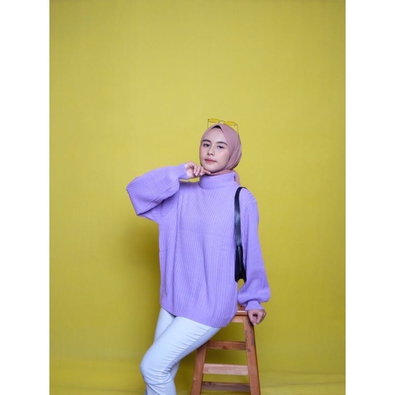 sweater rajut bayoneta turtleneck/lengan balon kerah tinggi