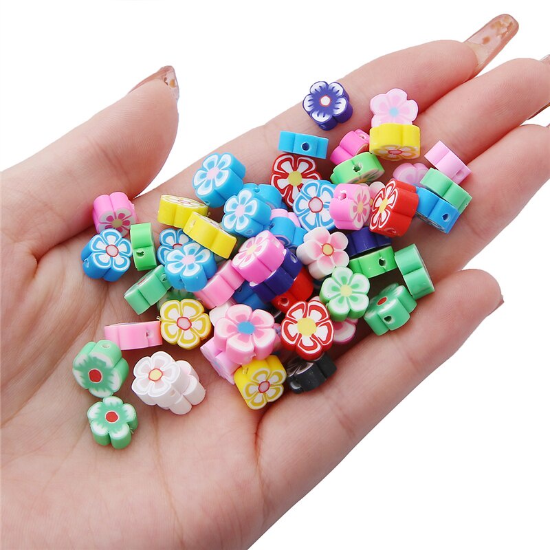 30pcs Manik-Manik Spacer Polymer Clay Motif Print Bunga Warna Campur 10mm Untuk Membuat Perhiasan