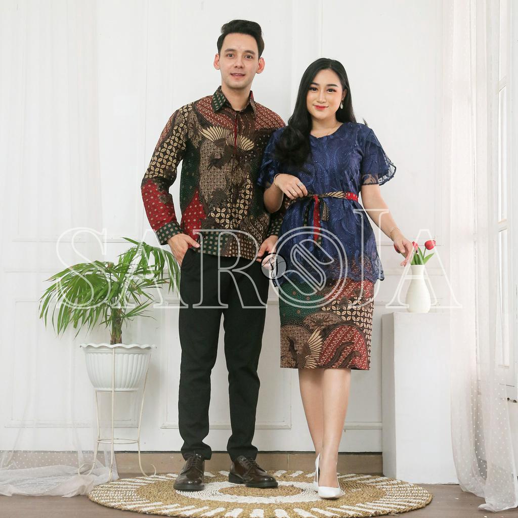 Saroja (532) Couple Batik Atasan Brukat Lengan Pendek Couple Aalona Fashion (5 Warna)