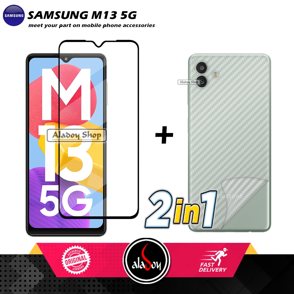 PAKET 2 IN 1 Tempered Glass Layar Samsung M13 5G + Skin Carbon Film 3D