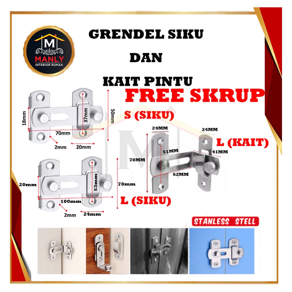 Grendel Slot Pintu L (Besar) Isi (1pcs) / Grendel Kait Pintu Geser /  Stainless Steel