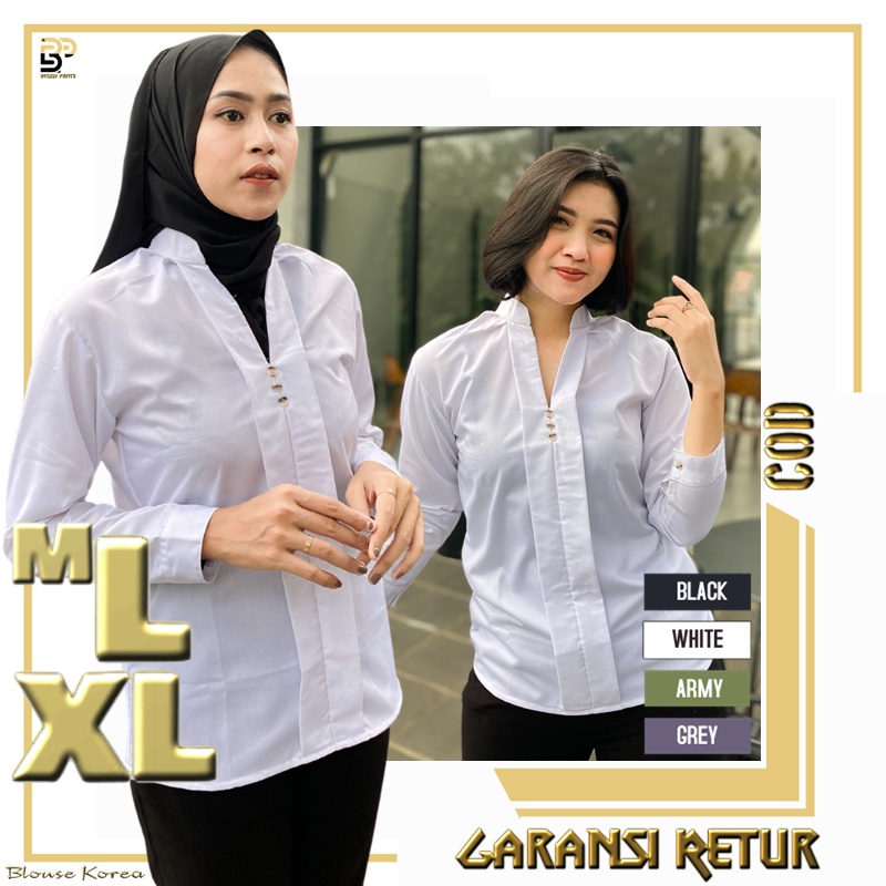 Blouse Bluse Putih Wanita Lengan Panjang Korean Style Bahan Toyobo Korea untuk Kerja Kantor Cewek Ke