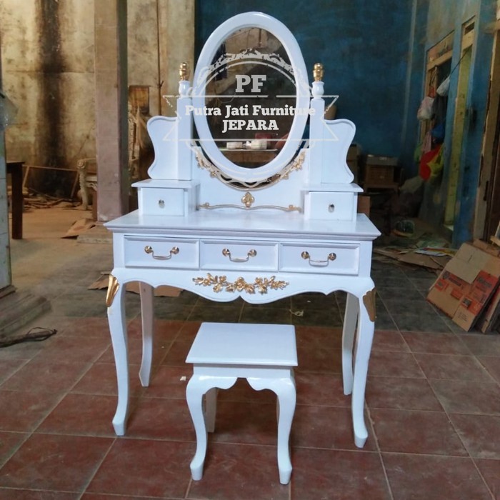 Furniture Jati  Meja Rias/ Tolet Putih Duco Kayu Jati Ukir Model Klasik