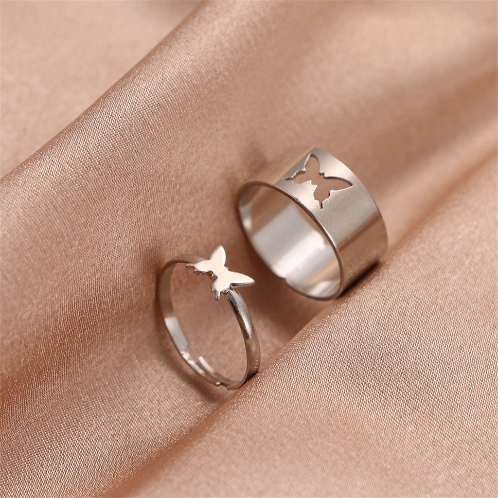Set Cincin Model Terbuka Desain Butterfly Bintang Bulan Warna Emas Silver 17KM Dapat Disesuaikan Untuk Pasangan