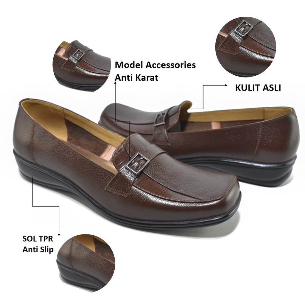 Sepatu Wanita Pantofel Kerja Model Flat Shoes  Kulit Grutty Coklat