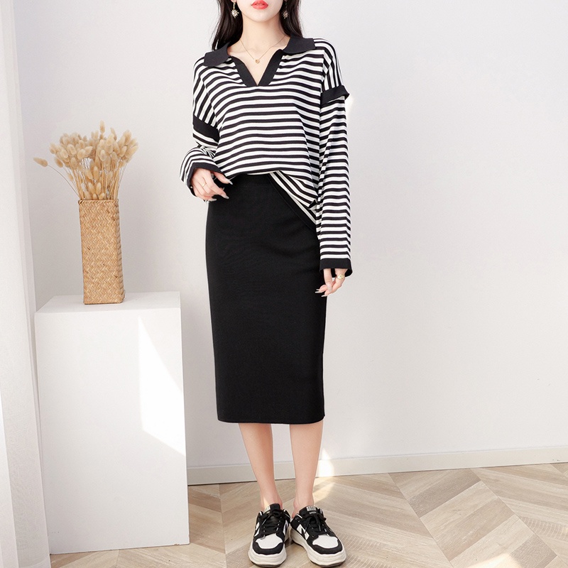 【Elegant】Korean Long Sleeve Turn Down Neck Striped Oversize One Set Sweater &amp; Plain Skirts 7380