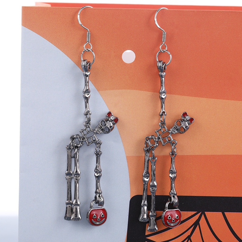 Zzz Anting Gantung Panjang Kait Motif Tengkorak Horor Aksen Hollow Untuk Aksesoris Wanita / Halloween