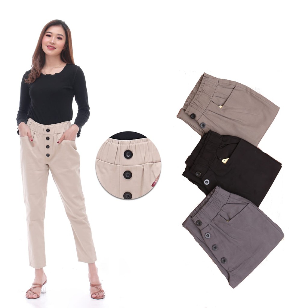 CELANA HIGHWAIST KANCING  / CELANA WANITA BAHAN KATUN PREMIUM  ( HALUS DAN TEBALL )