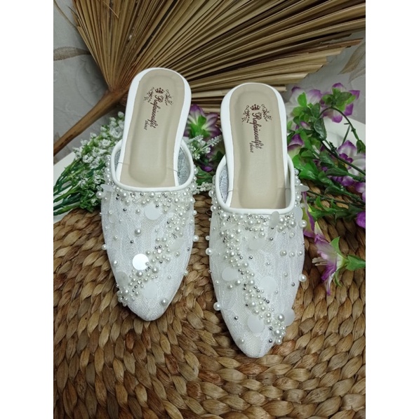 sepatu reista putih lace brukat payet cantik mewah tinggi 5cm kaca