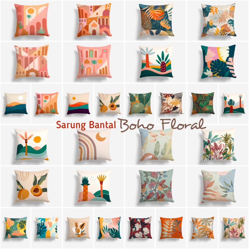 SARUNG BANTAL SOFA PRINT MOTIF DAUN FLORAL BUNGA BOHO 40X40 CM