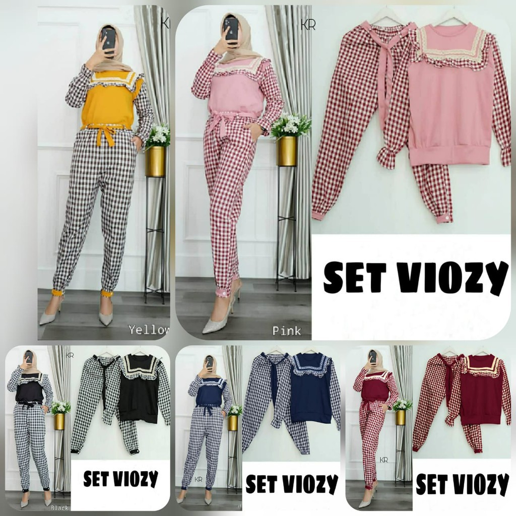 SET VIOZY KOTAK  DEWASA/ STELAN ONESET TERBARU / PAKAIAN WANITA SETELAN GAMIS SET CELANA + BLOUSE/SE