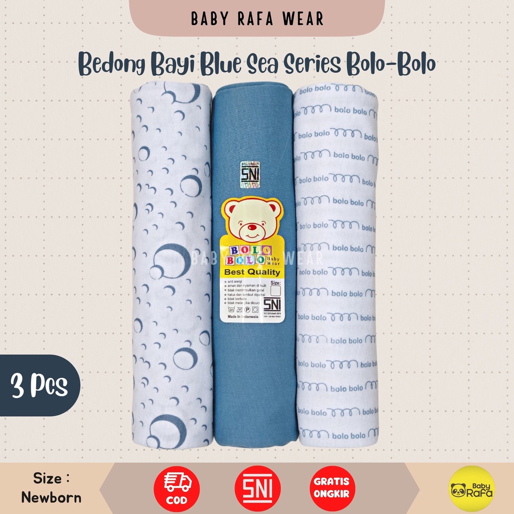 Serian Biru - 3 pcs Bedong Bayi Bahan Kaos BLUE SEA SERIES 110 x 90 cm Merk SNI Bolo - Bolo