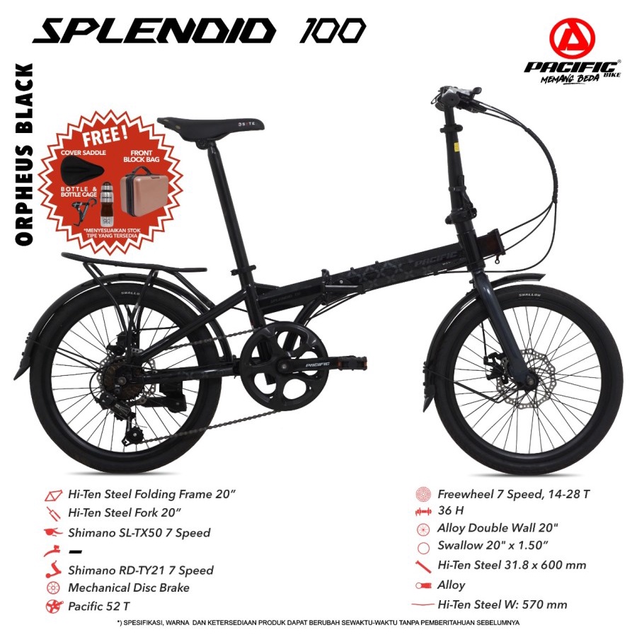 SEPEDA LIPAT PACIFIC SPLENDID 100 20” FRAME STEEL 7 SPEED SHIMANO SL-TX50 BICYCLE FOLDING BIKE