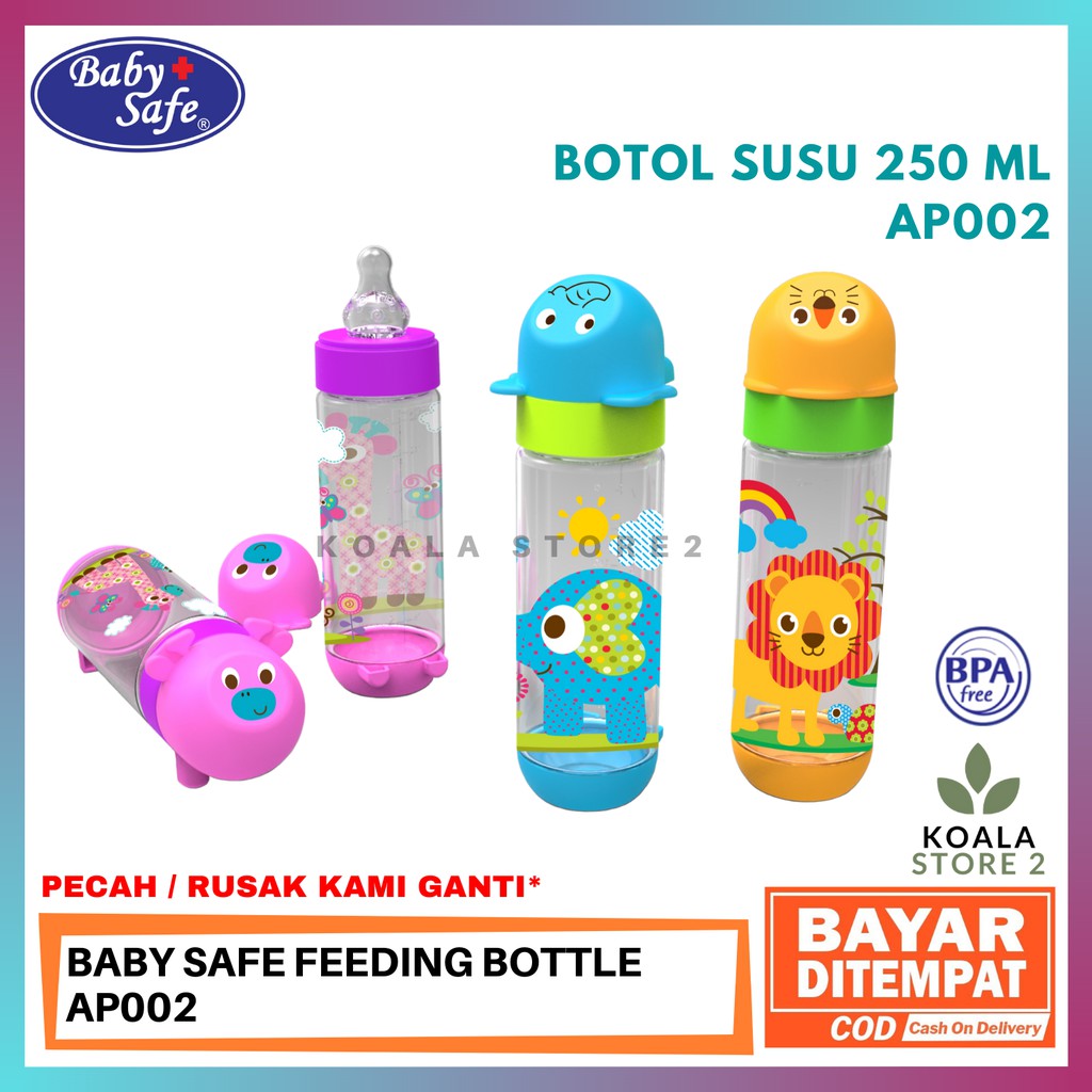 Baby Safe Botol Susu Bayi 250 ml Dengan Garis Takar Berkarakter Hewan yang Lucu BPA Free / AP002