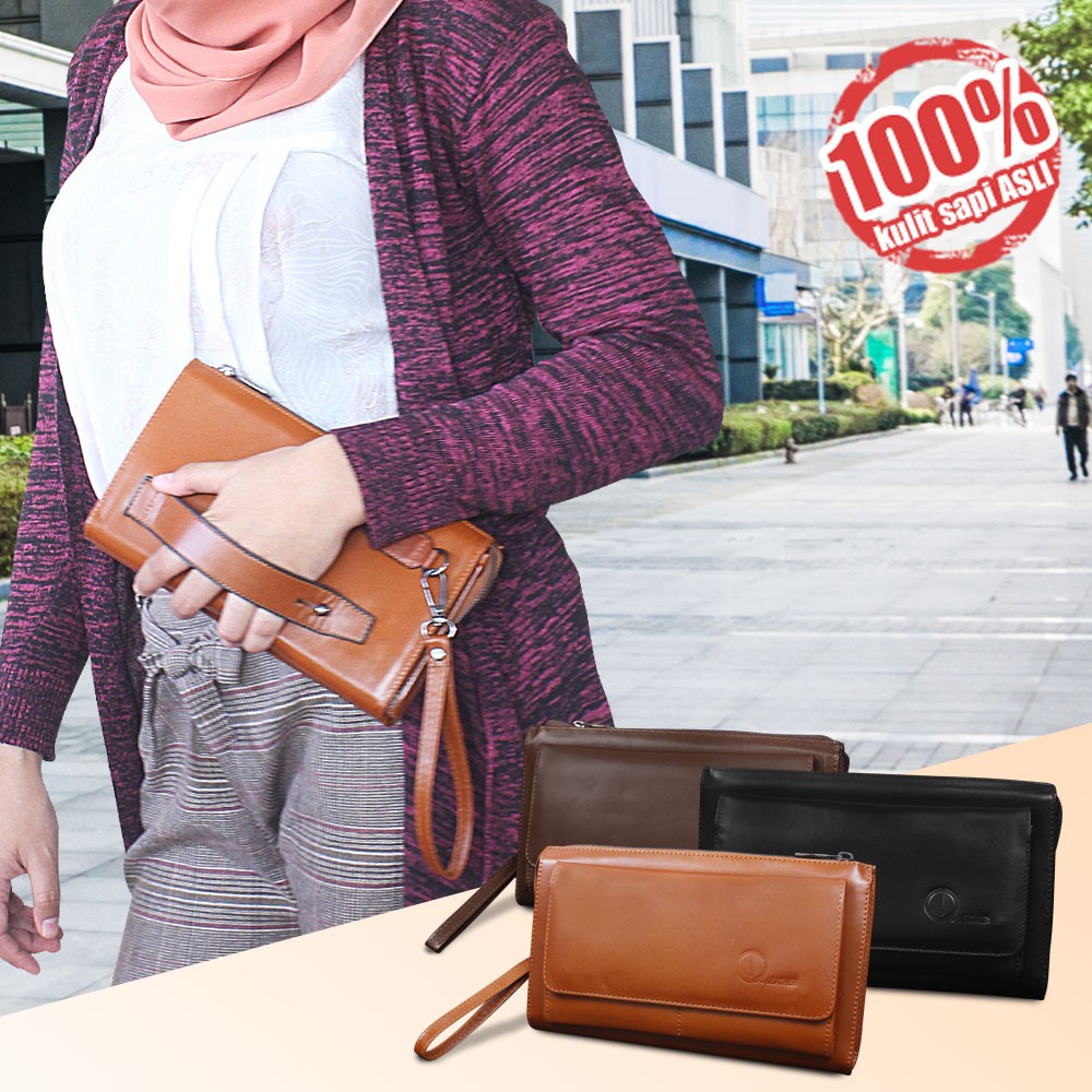 Tas Kulit Wanita Clutch Hand bag Multifungsi 12 Slot Kartu &amp; HP Bahan 100% Kulit Sapi Premium - HB05