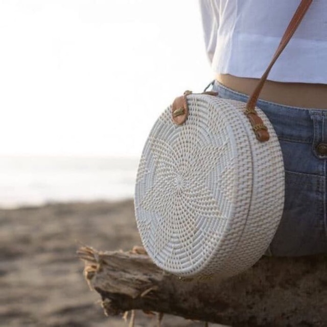 Tas rotan putih tali kulit sapi 20cm