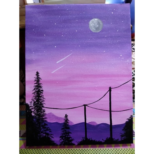 30x40 Lukisan Handmade Kanvas Acrylic Pemandangan Malam Gunung Langit Pepohonan Minimalis Sederhana