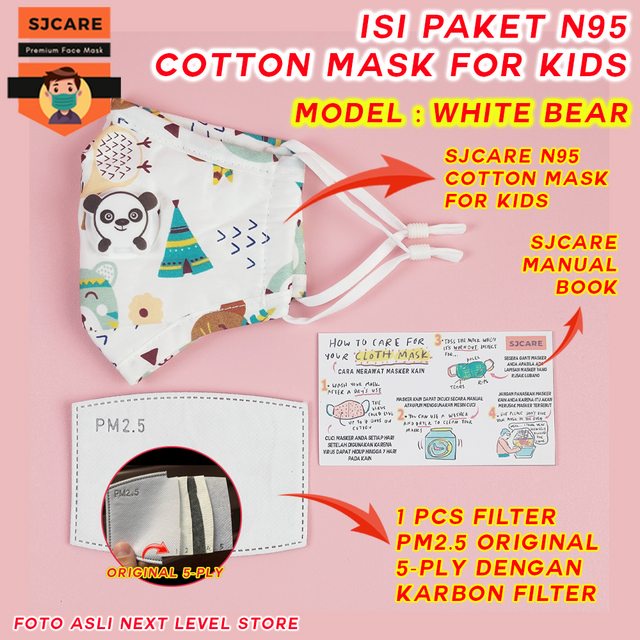 SJCare Masker Anak Premium Kids Katup Respirator FREE FILTER PM 2.5 -White Bear