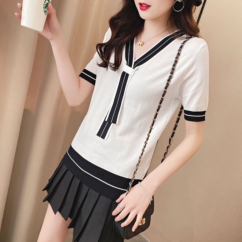 Sweater knit lengan pendek wanita v neck baju korean style wanita