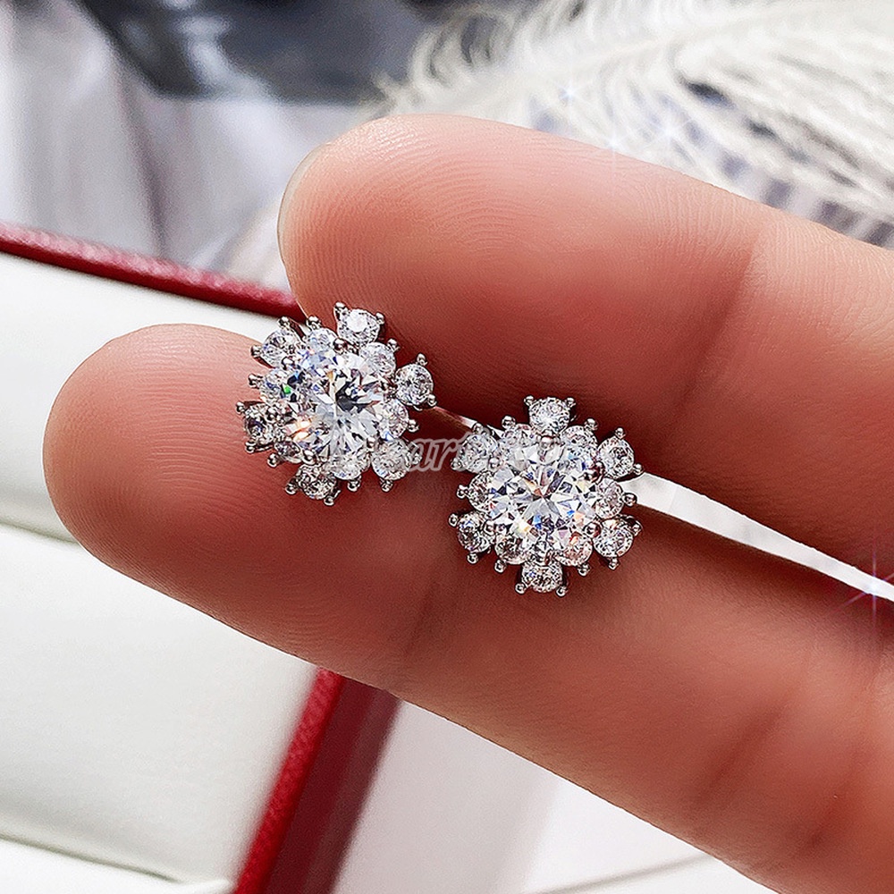 Anting Tusuk Desain Bunga Hias Zircon + Berlian Untuk Wanita