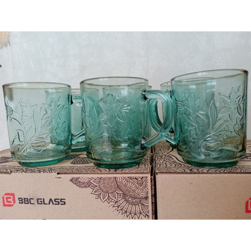 Gelas Kopi Kaca Gagang pendek motif bunga isi 6pcs