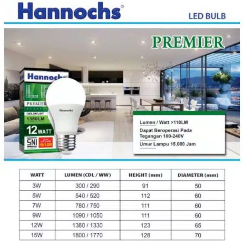 Lampu Led Hannochs 3w/3 Watt 5w/5 Watt 7w/7 Watt 9w/9 Watt 12w/12 Watt 15w/15 Watt Premier / Bolam