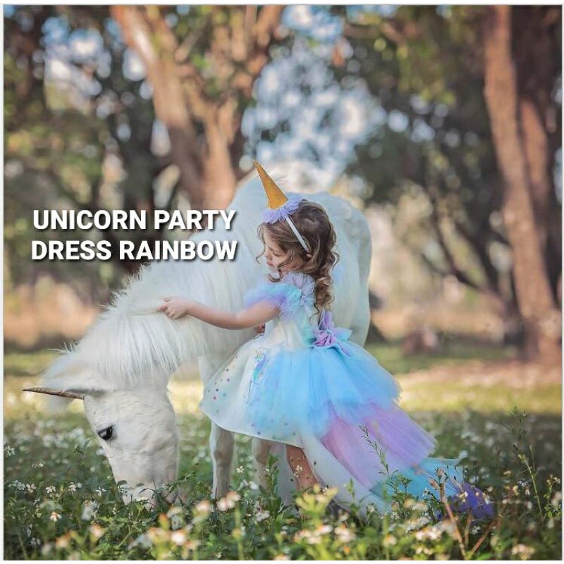 UNICORN PARTY DRESS RAINBOW / GAUN PESTA TUTU ANAK PEREMPUAN MOTIF UNICORN IMPORT BAGUS