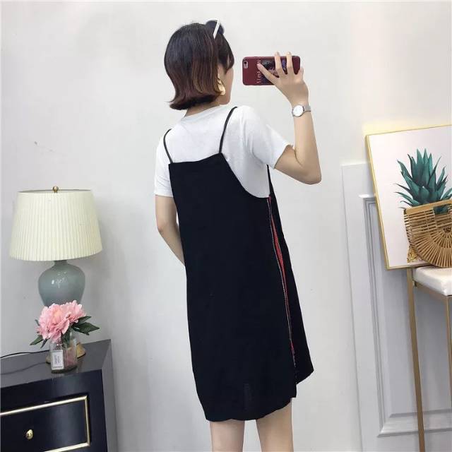 B006 dress set baju putih + dress hitam import Polkadot Maxi Dress Model Lengan Pendek Puff Dress Import Wanita Gaya Korea Polka import