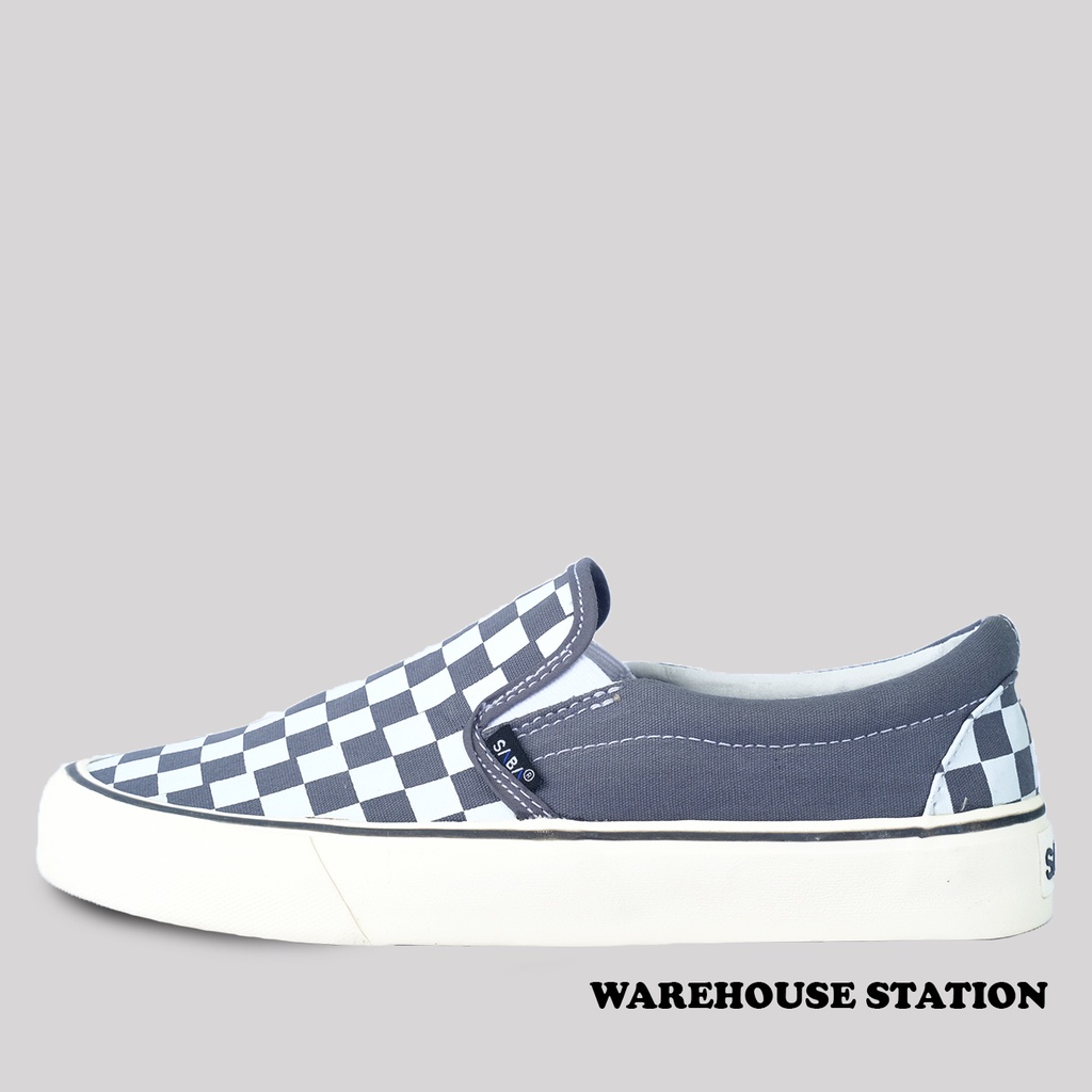 SABA Checkerboard Slip On White Grey  - Sepatu Sneakers Casual Pria Wanita