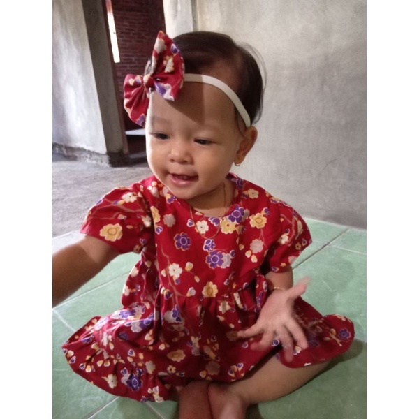 Baju Bayi Katun Jepang Marun Bunga Adem Bonus Bandana Pita