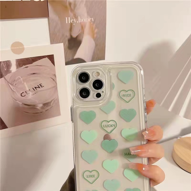 Case Akrilik Transparan 13 Pro 13prm Motif Hati Hijau Dengan Holder Untuk iPhone 11 7Plus 8Plus Xr XS 13 12 Pro Max