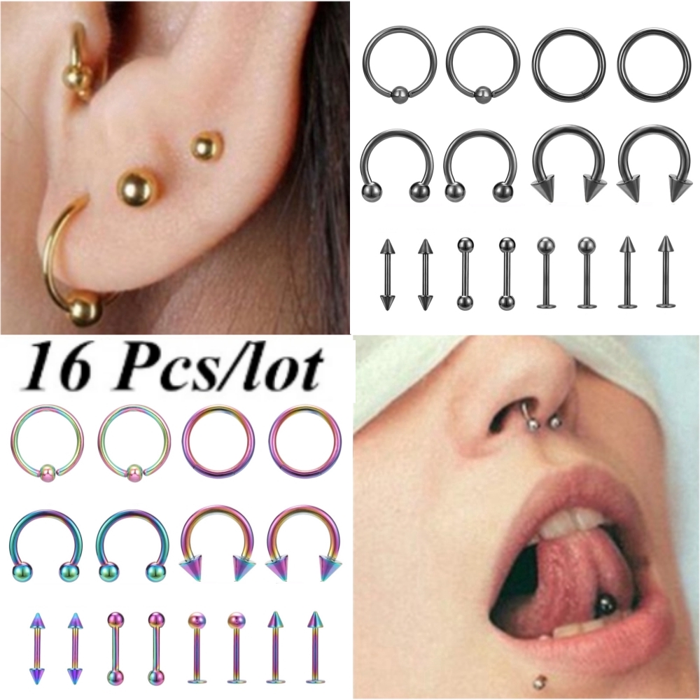 16pcs / Set Anting Tindik Lidah / Alis / Bibir Bahan Stainless Steel Anti Alergi