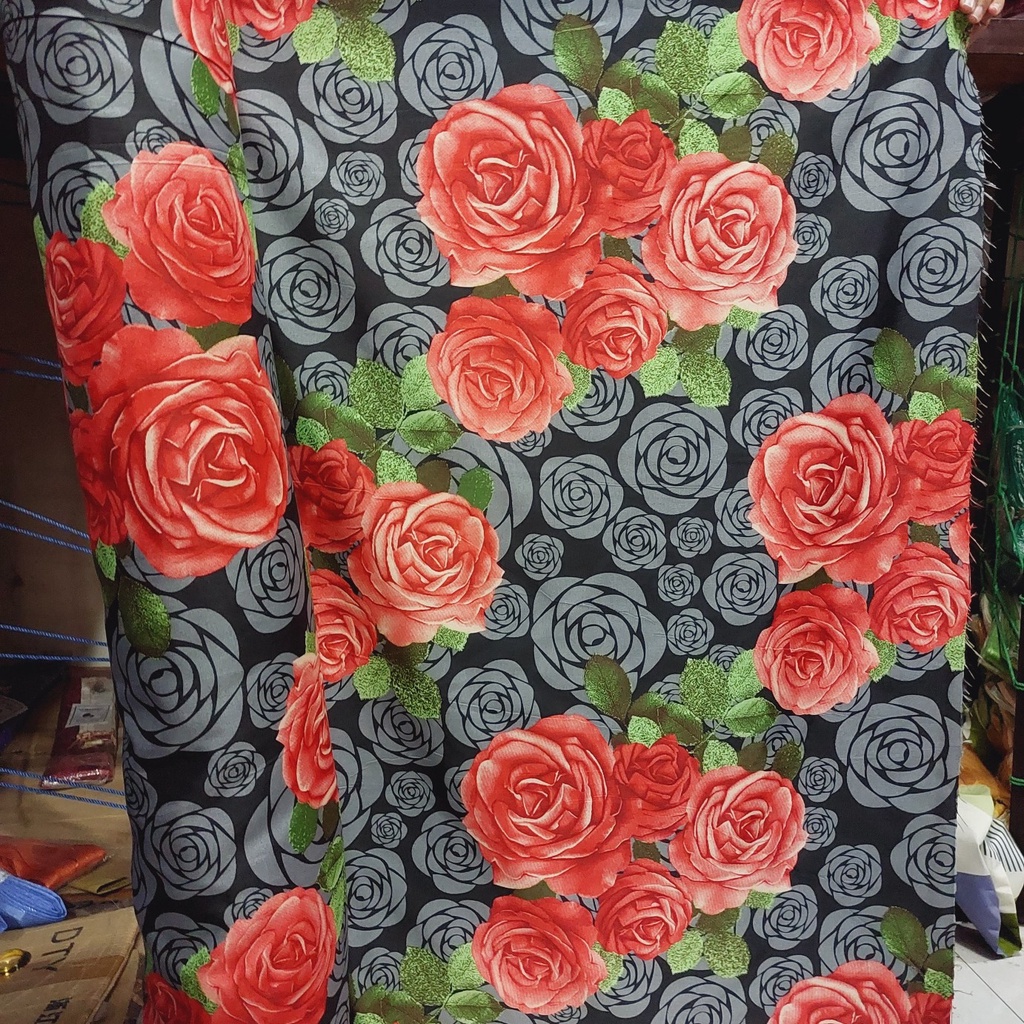 Bahan Kain Sprei Meteran Katun Microtex Disperse Motif Bunga Hitam | Griya Sprei
