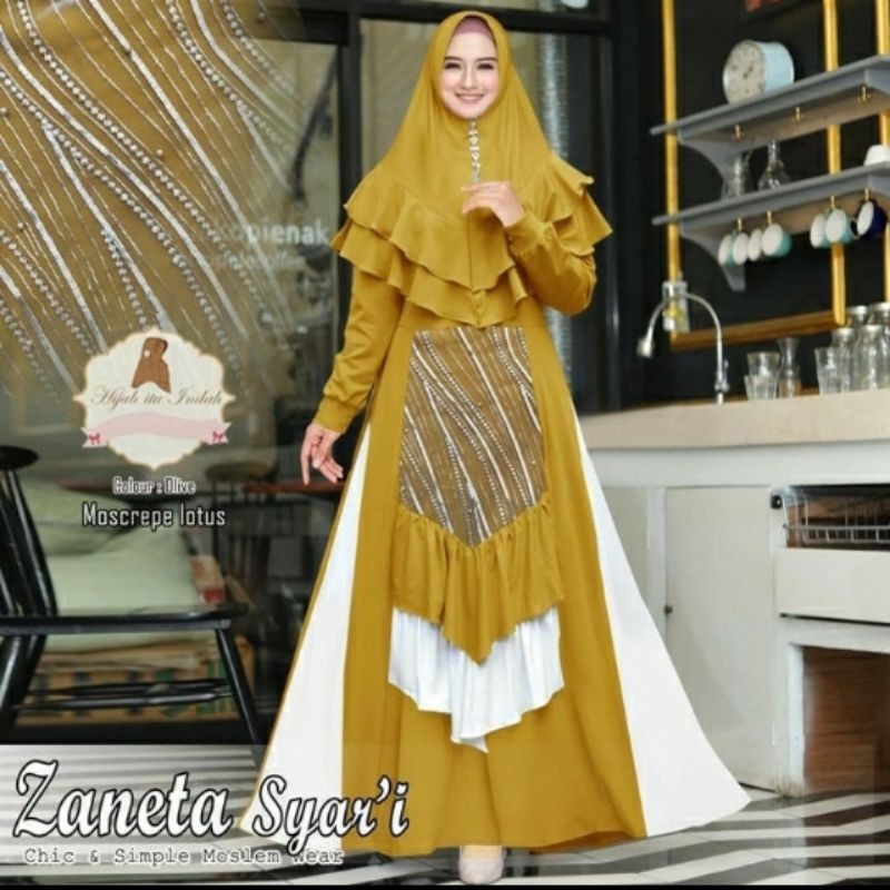 gamis syari bergo set khimar antem zaneta syar'i pesta tile brukat big size jumbo xl xxl xxl