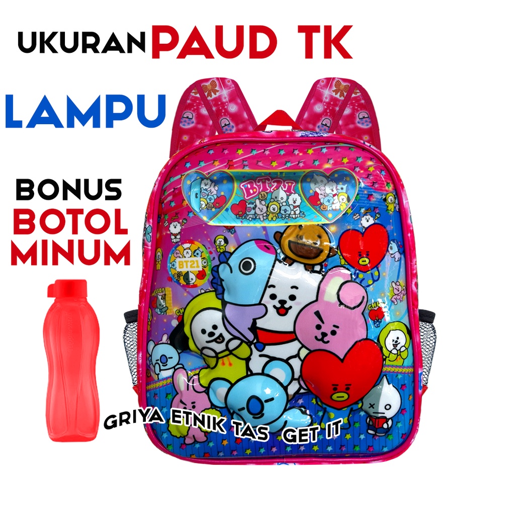 Tas Anak TK Perempuan Botol Minum BT21 - Tas Ransel Anak TK Tas Paud Anak Cowok 3D